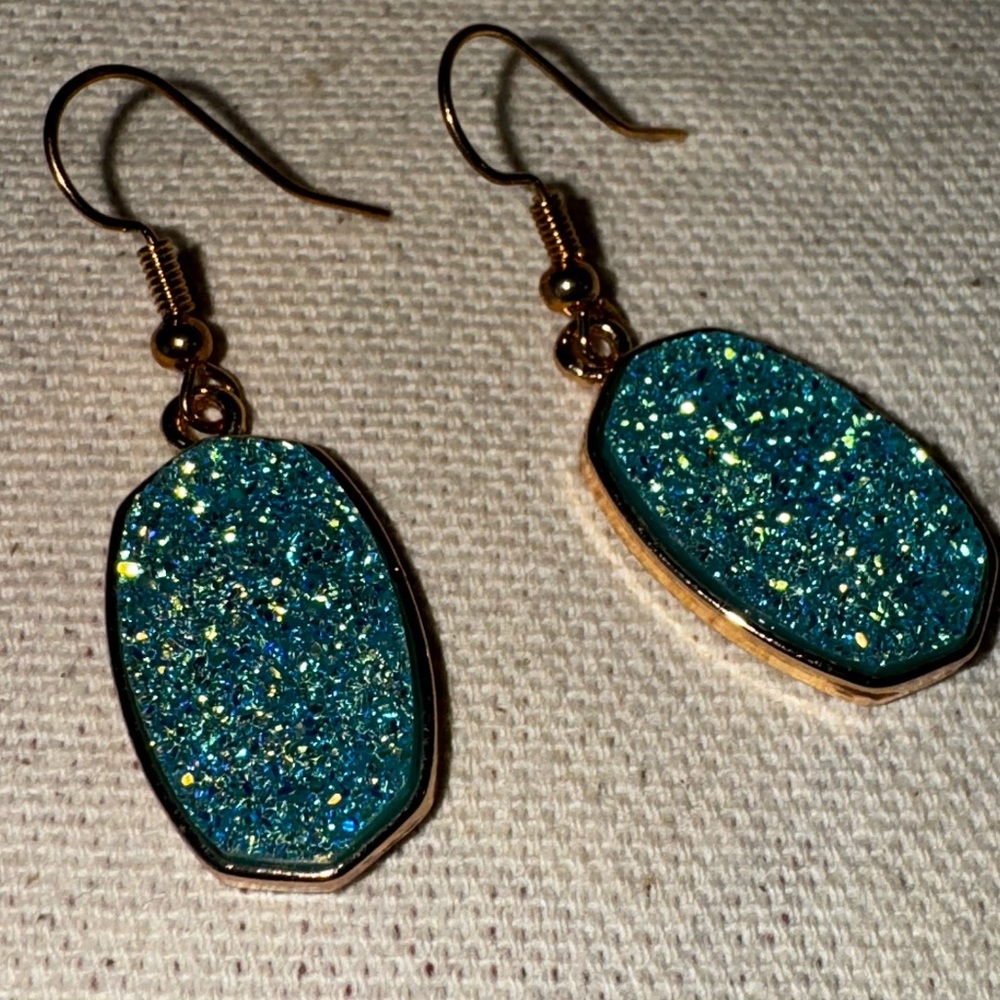 Opal Druzy Stone & Gold Tone Oval Dangle Earrings